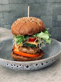 Close-up of burger in plate
