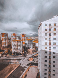 High angle view of buildings in city against sky