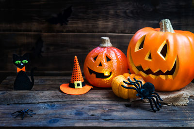 View of pumpkins on table during halloween