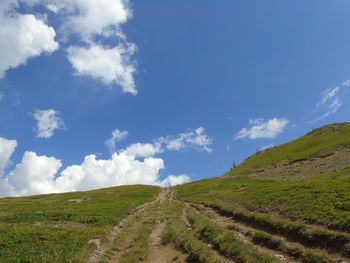 Scenic view of road amidst field against sky