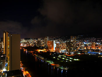 High angle view of illuminated buildings against sky at night