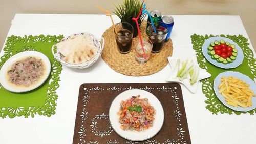 High angle view of food served on table