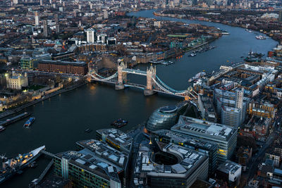 High angle view of river amidst buildings in city