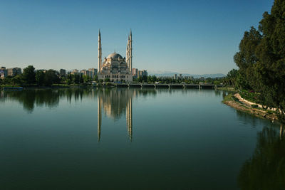 Reflection of mosque in calm water