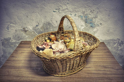 High angle view of bird in basket
