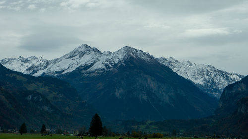 Scenic view of snowcapped mountains against sky