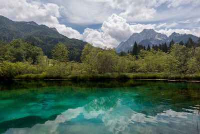 Scenic view of lake and mountains against sky