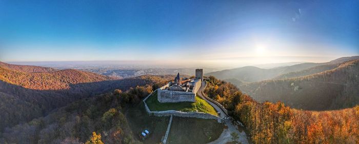 Panoramic view of mountain range against sky