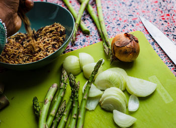 High angle view of vegetables on table