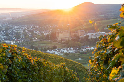 High angle view of townscape against sky during sunset