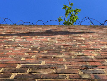 Low angle view of brick wall against clear blue sky