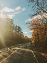 Road amidst bare trees against sky