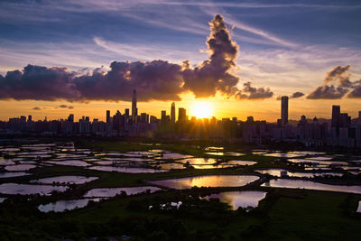 Panoramic view of city buildings against sky during sunset