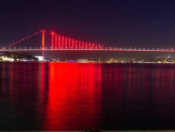 Illuminated bridge over river at night