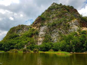 Scenic view of lake by trees against sky