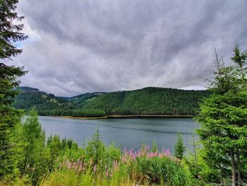 Scenic view of lake and mountains against sky