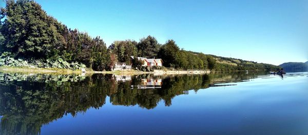 Scenic view of calm lake against clear sky