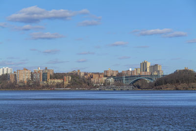 Hudson river park in new jersey, view to new york city in sunny spring day