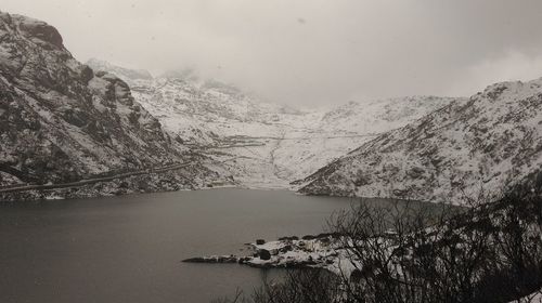 Scenic view of lake and snowcapped mountains against sky