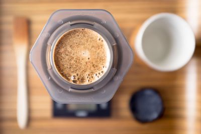 Close-up of coffee cup on table