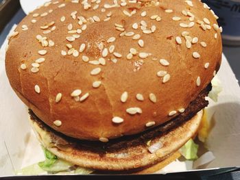 Close-up of beef burger in plate