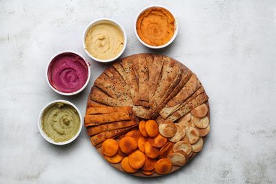 High angle view of breakfast on table