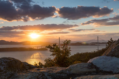 Scenic view of river against sky during sunset