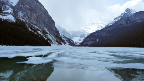 Scenic view of snow covered mountains