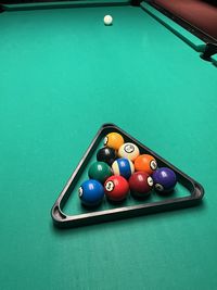 High angle view of pool balls on table