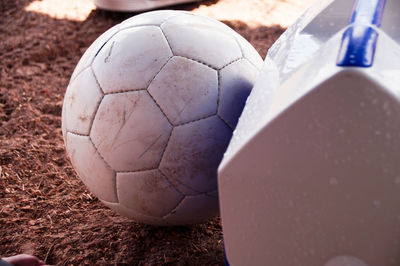 High angle view of soccer ball on field