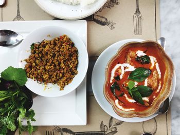 High angle view of food in plate on table