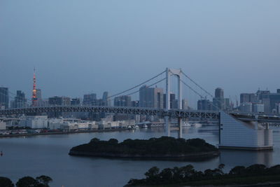 View of suspension bridge with city in background