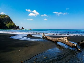 Scenic view of beach against blue sky