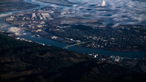 Aerial view of residential district by river