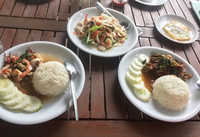 High angle view of breakfast served on table