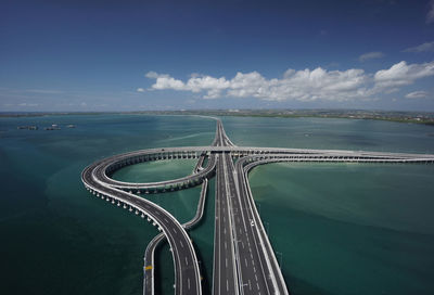 View of bridge over sea against cloudy sky