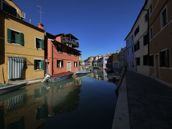 Canal amidst buildings against blue sky