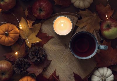 High angle view of candles on table