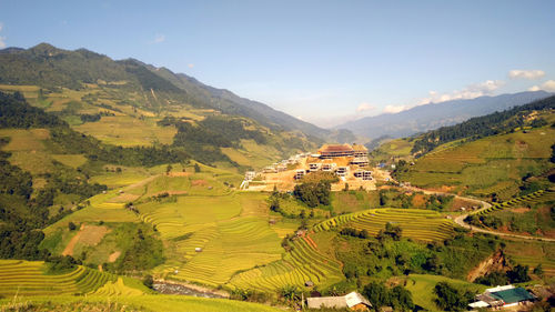 High angle view of agricultural field against sky