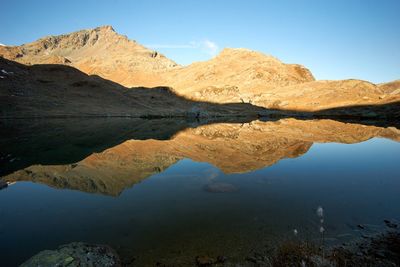 Scenic view of lake and mountains against blue sky