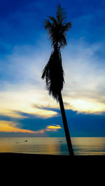 Silhouette palm tree by sea against sky during sunset