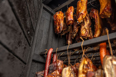 Close-up of meat on barbecue grill