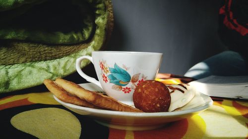 Close-up of breakfast served on table