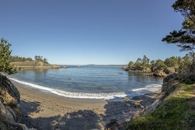 Scenic view of sea against clear blue sky