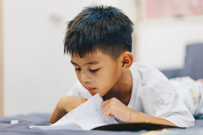 Cute boy studying at home