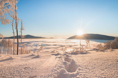 Fabulous winter scenery with a view of the sea of clouds illuminated by the sun in the morning