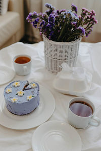 High angle view of cake served on table