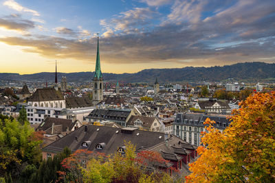 High angle view of townscape against sky during sunset