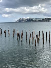 Wooden posts in sea against sky