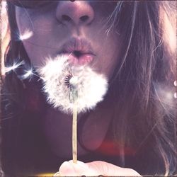 Close-up of woman blowing dandelion